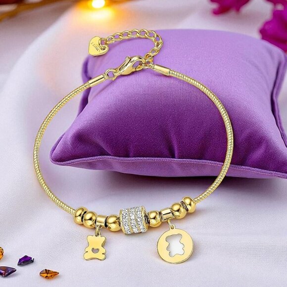 🆕️18K Gold Plated Bear Charm Bracelet with Sparkling Rhinestones & Beads 💫🐻 - Picture 11 of 11